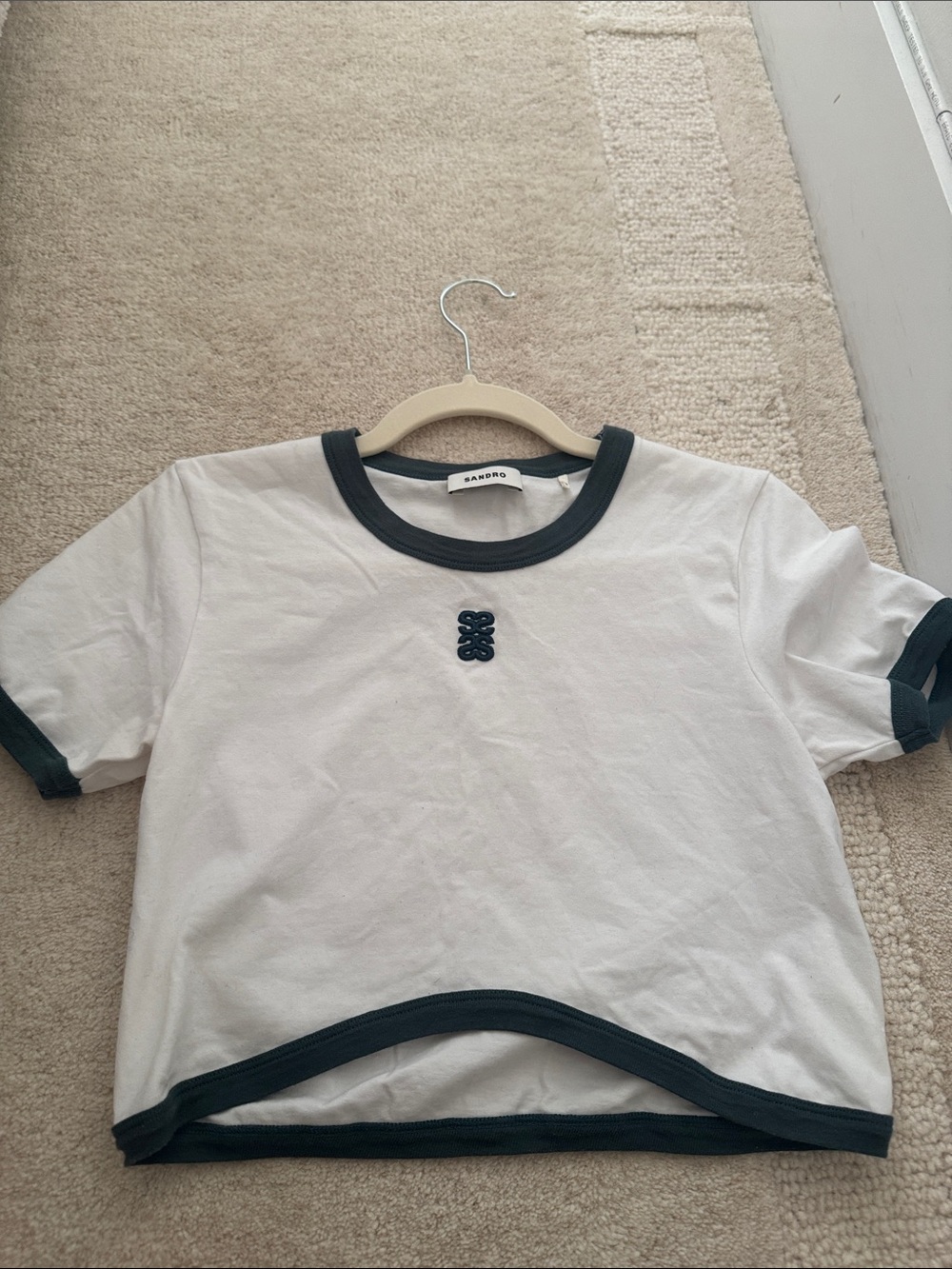 Sandro  White Tee with Dark Green Trim and Logo